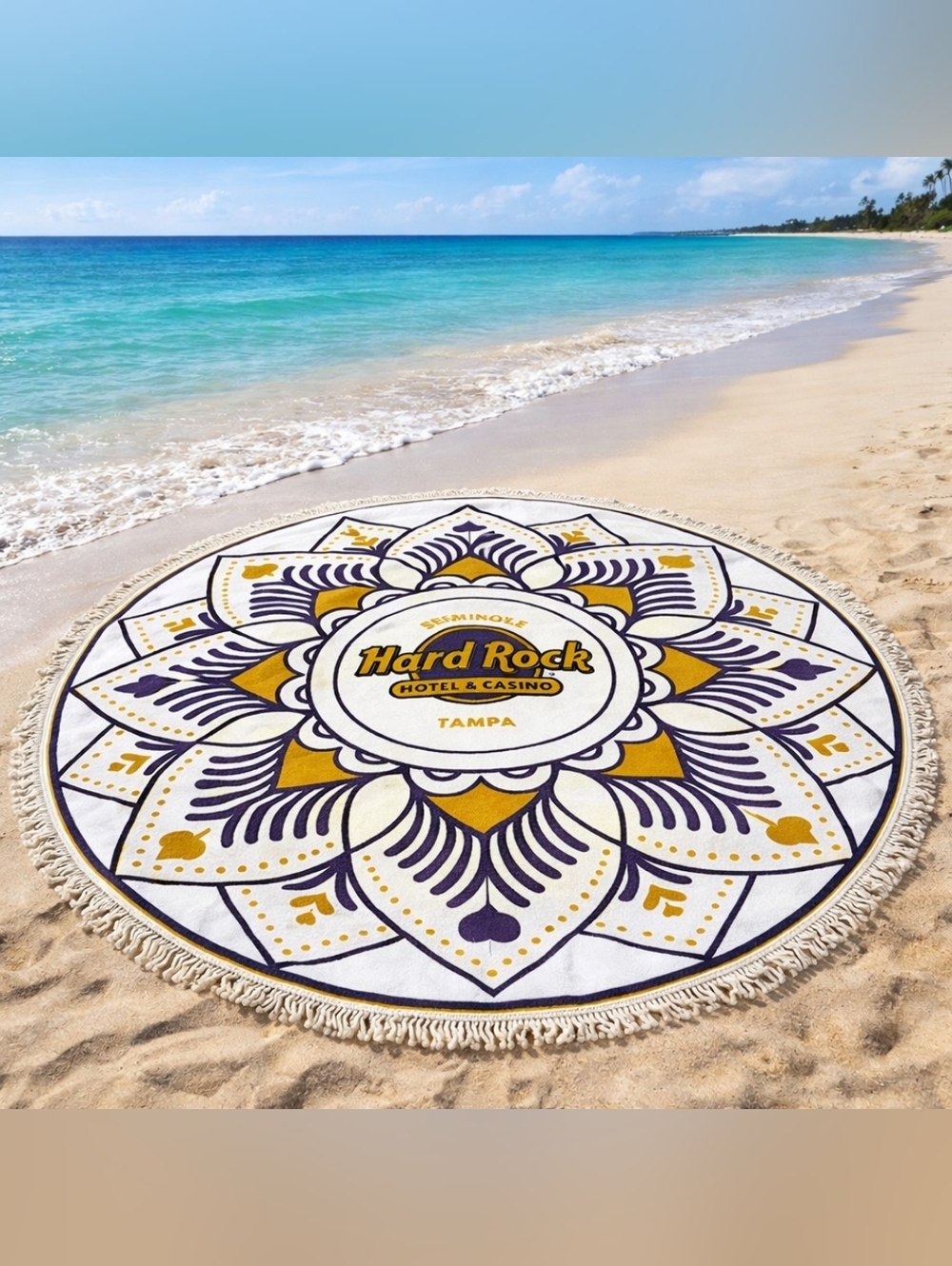 Hard Rock Hotel Tampa Round Beach Towel Purple Gold Mandala Fringe Boho 5ft